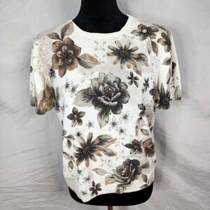 ALFRED DUNNER Size Medium Beaded Floral Short Sleeve Sweater Classic Retro Prep